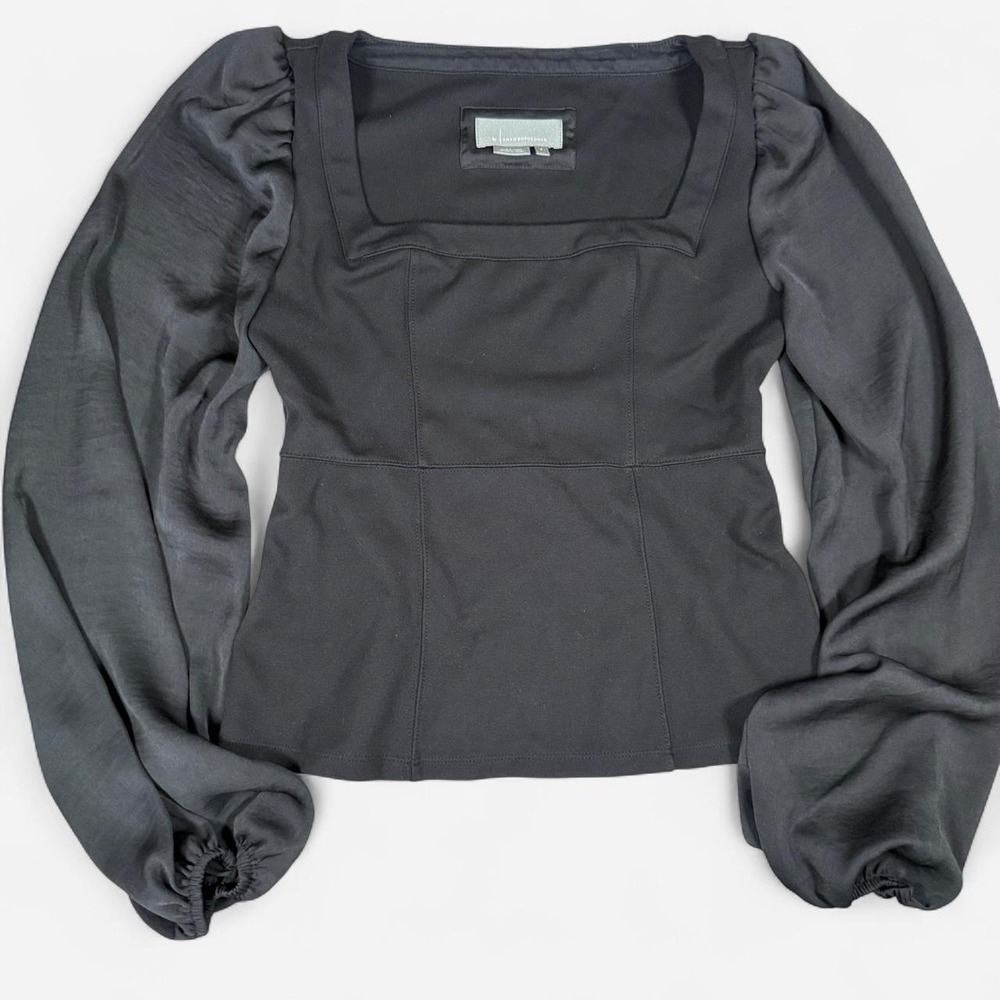 By Anthropologie Black Alleden Square Neck Peplum Blouse Puff Sleeve Small